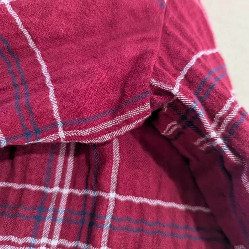 Loft Blouse Red Blue White Plaid Tie-Neck Puff Sleeve Top Size L Petite *NWT